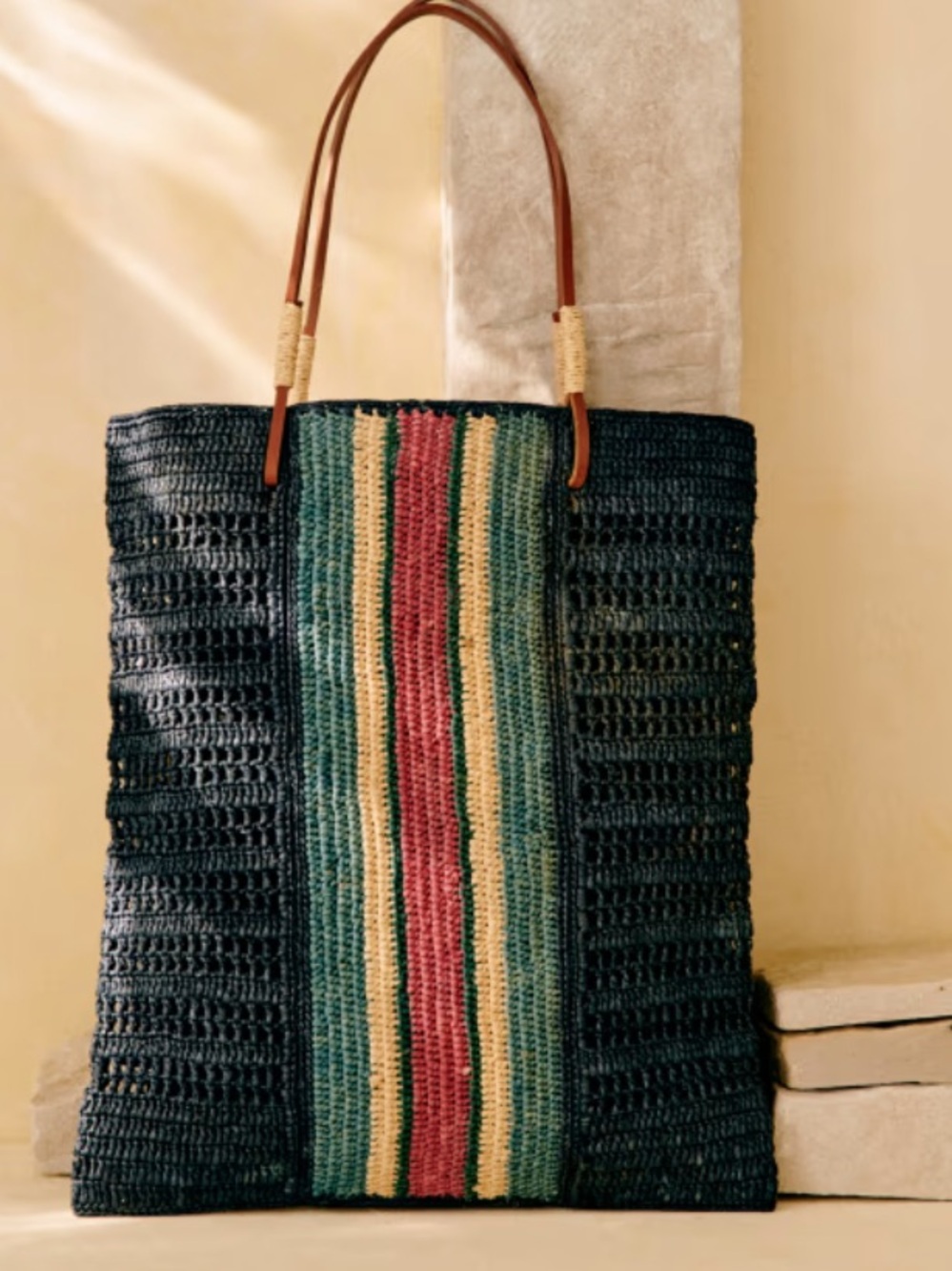Sezane Francisco Basket Bag - Raffia - Navy with Stripes - Leather Handles - Picture 2 of 9